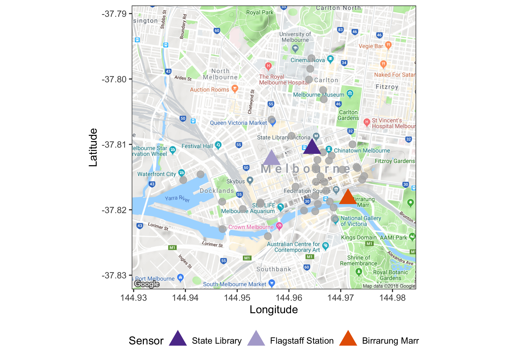 Google map of the Melbourne city area, gray dots indicate sensor locations. The three locations highlighted will be analyzed in the paper: the State Library is a public library; Flagstaff Station is a train station, closed on non-work days; Birrarung Marr is an outdoor park hosting many cultural and sports events.